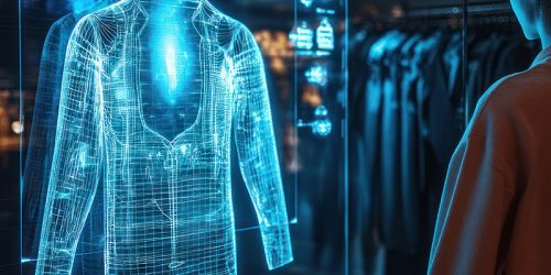 Woman Viewing Digital Fashion Display