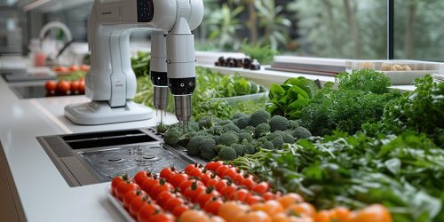 Envision a futuristic kitchen where a robot chef prepares a gourmet meal using sustainable and organic ingredients. --ar 3:2 --style raw --stylize 750 --v 6 Job ID: 879f1823-3095-4f43-80f9-51f3147f2571