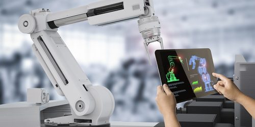 human control 3d rendering warehouse robot working in factory